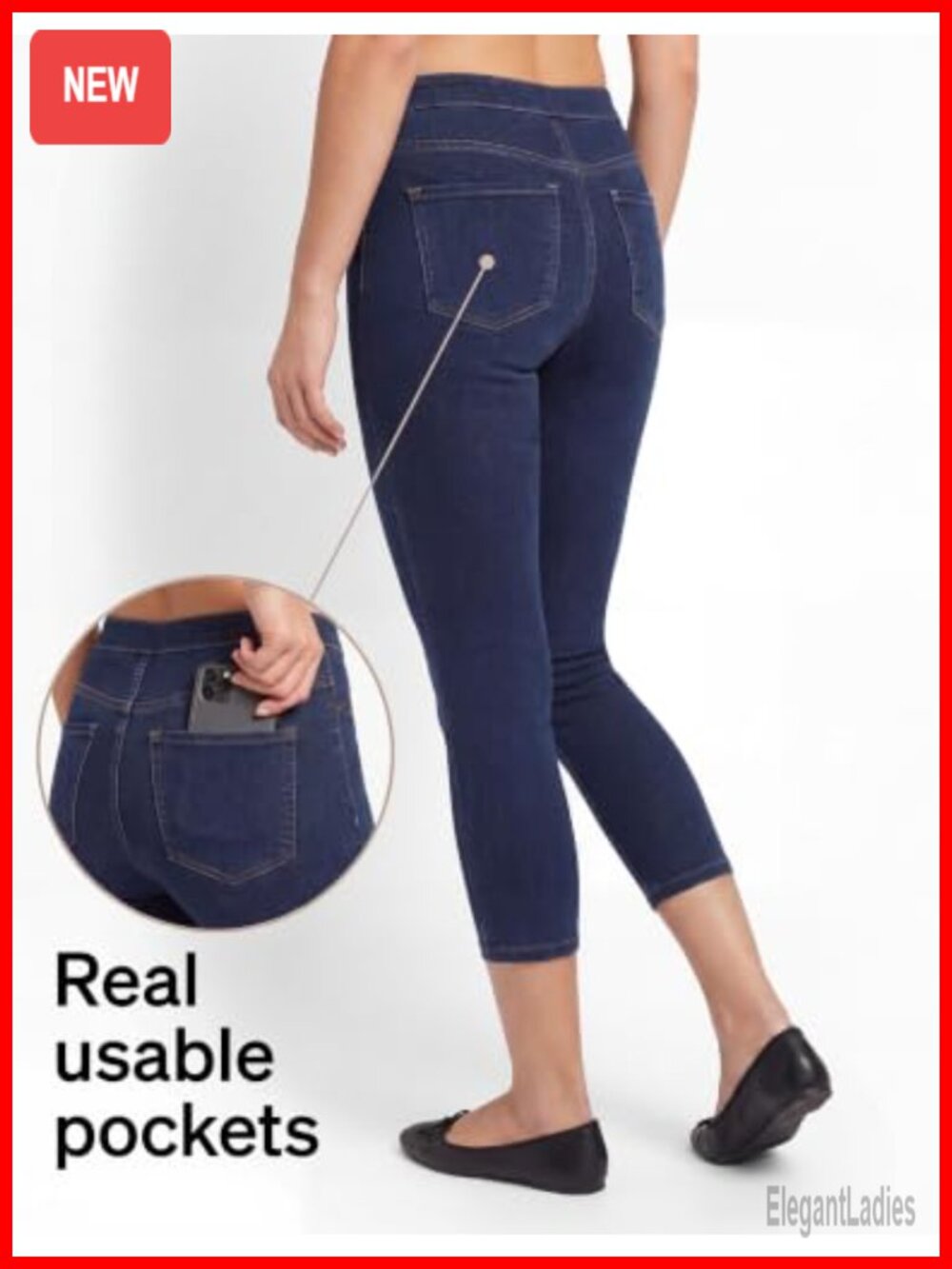 Classic Denim Capri Leggings with Pockets Stretch Pull On Pants - Picture 4 of 6